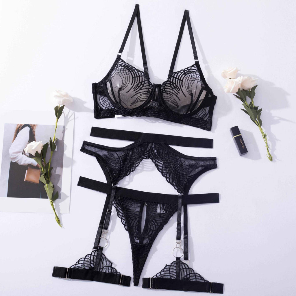 Sheer Lace Bra Thong Garter Set - Black - 4