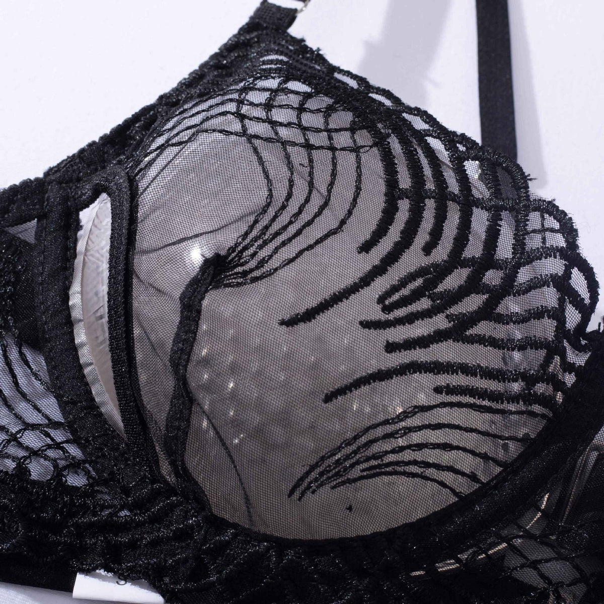 Sheer Lace Bra Thong Garter Set - Black - 6