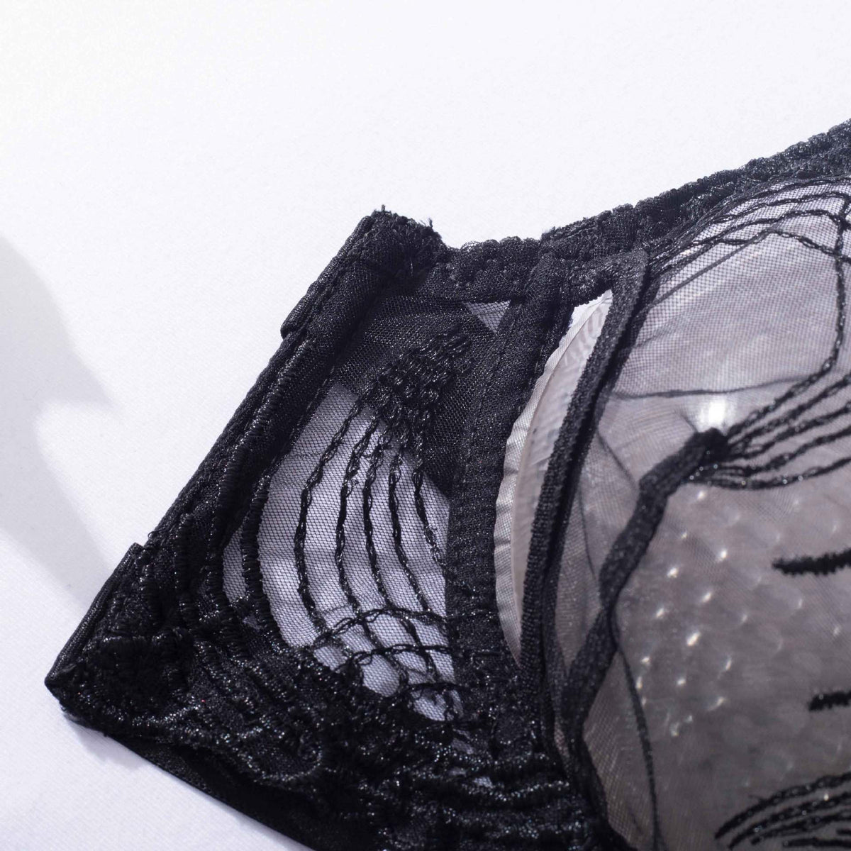 Sheer Lace Bra Thong Garter Set - Black - 7