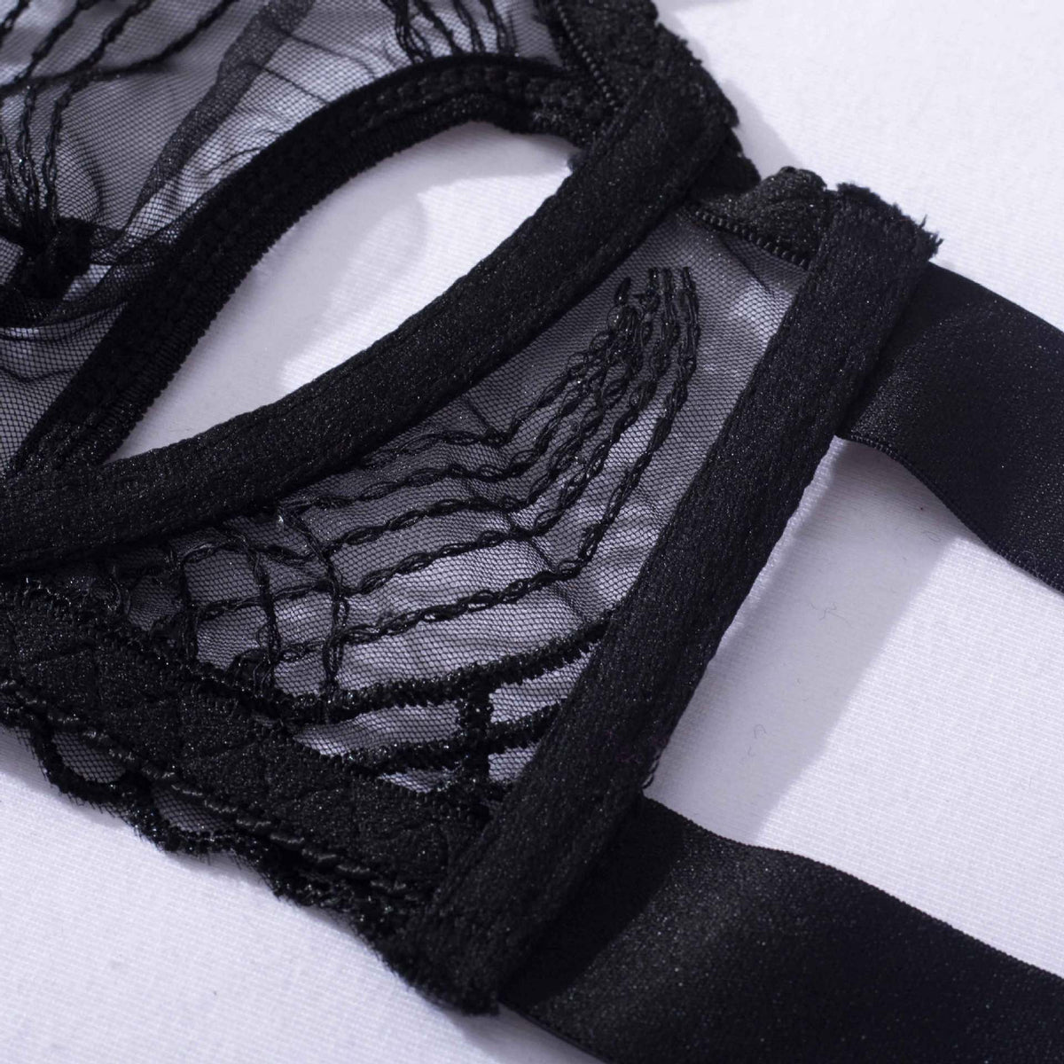 Sheer Lace Bra Thong Garter Set - Black - 9