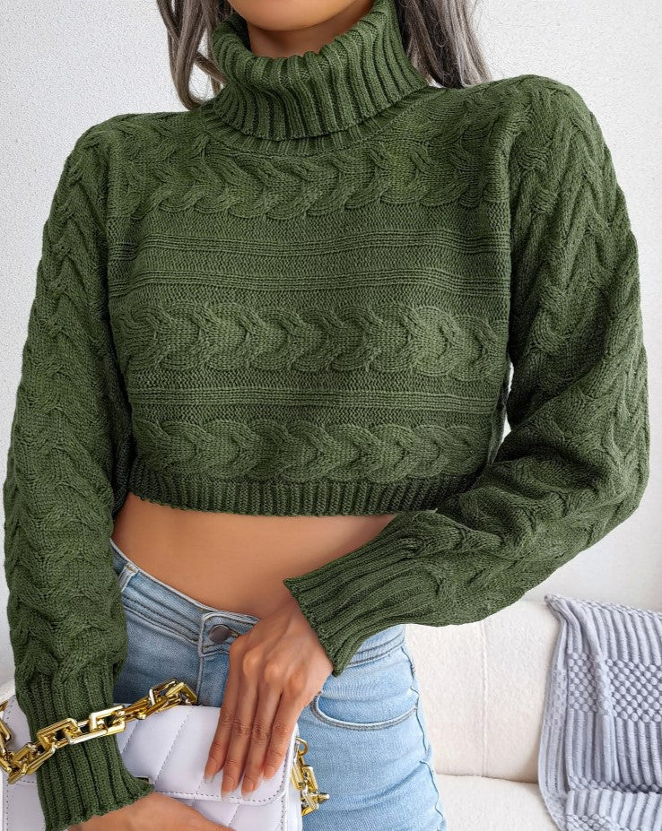 Cropped Cable Knit Turtleneck Sweater - Green