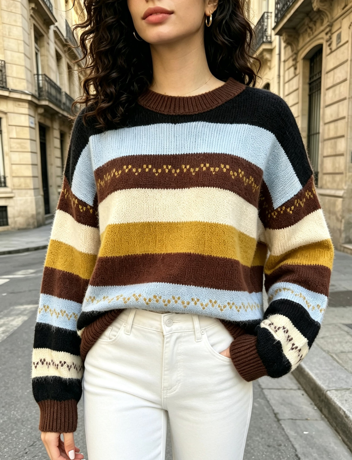 Multi Stripe Oversized Crew Neck Sweater - Brown