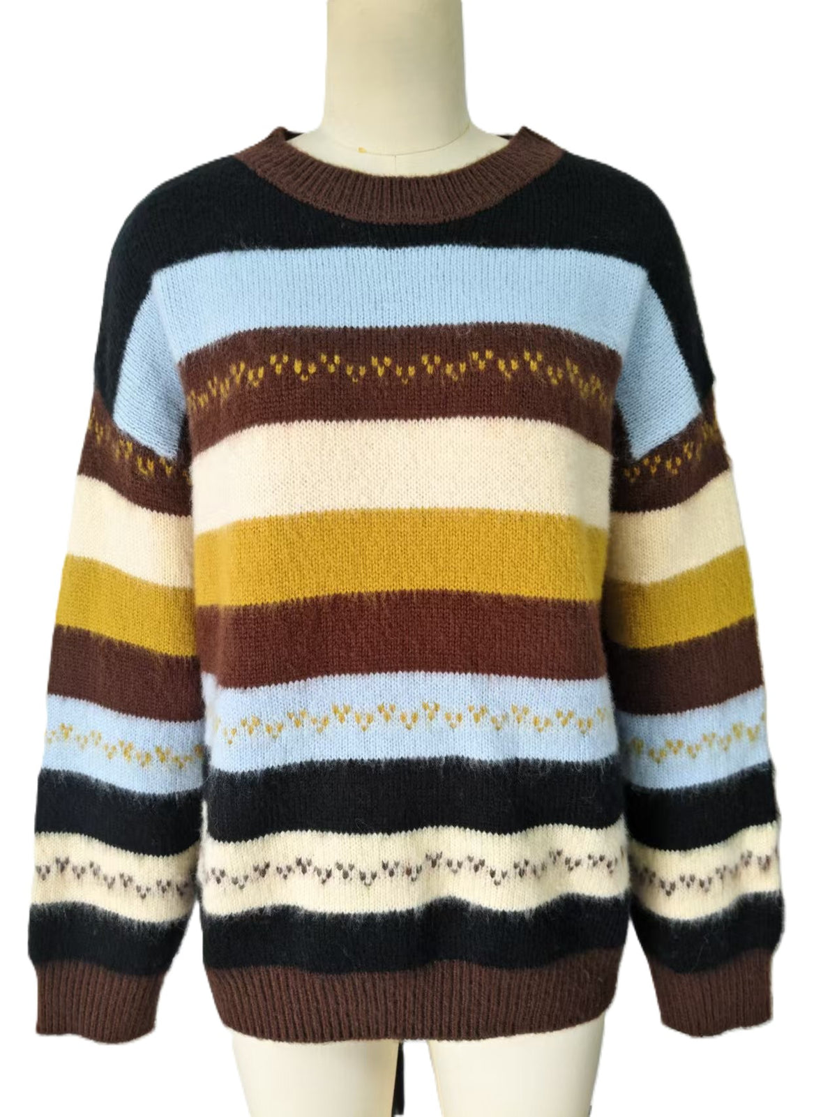 Multi Stripe Oversized Crew Neck Sweater - Brown - 1