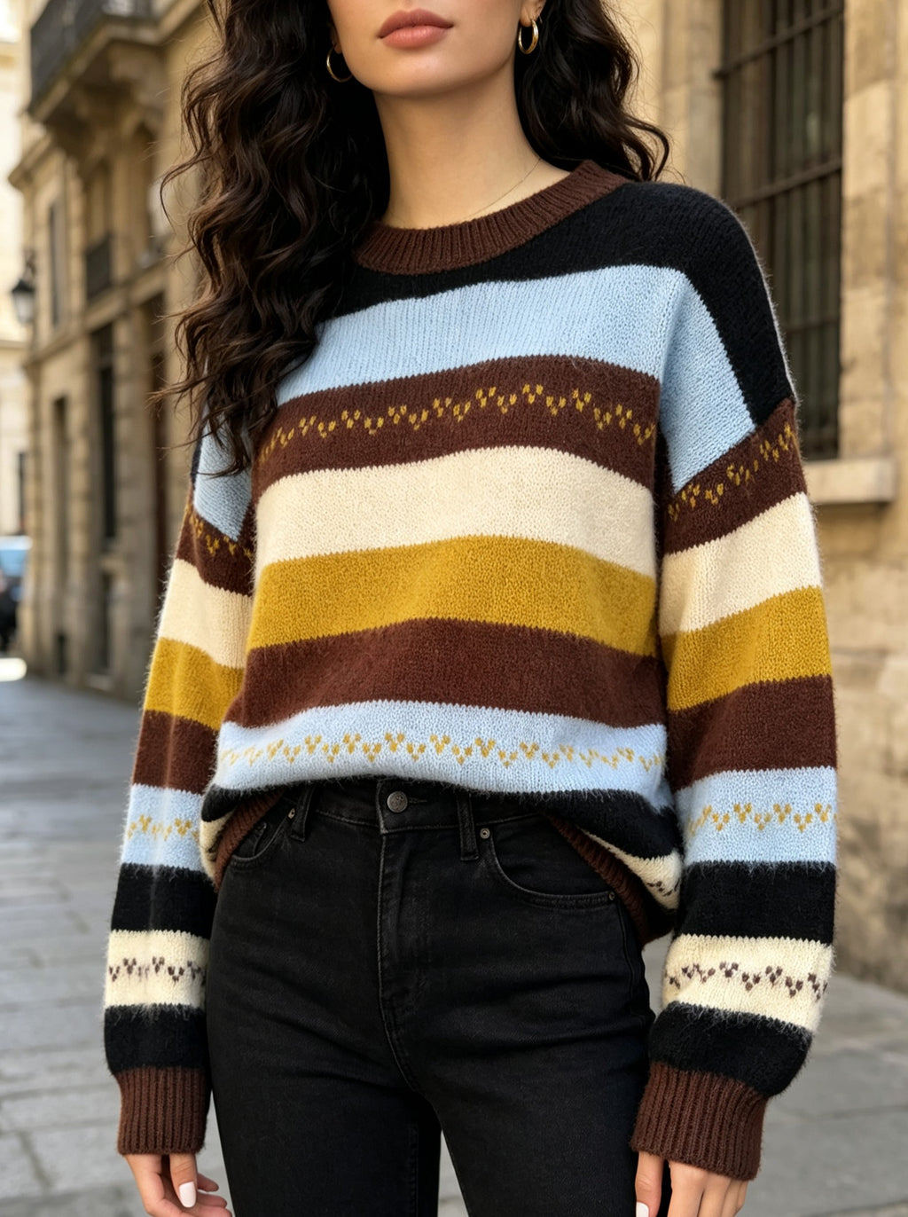 Multi Stripe Oversized Crew Neck Sweater - Brown - 2