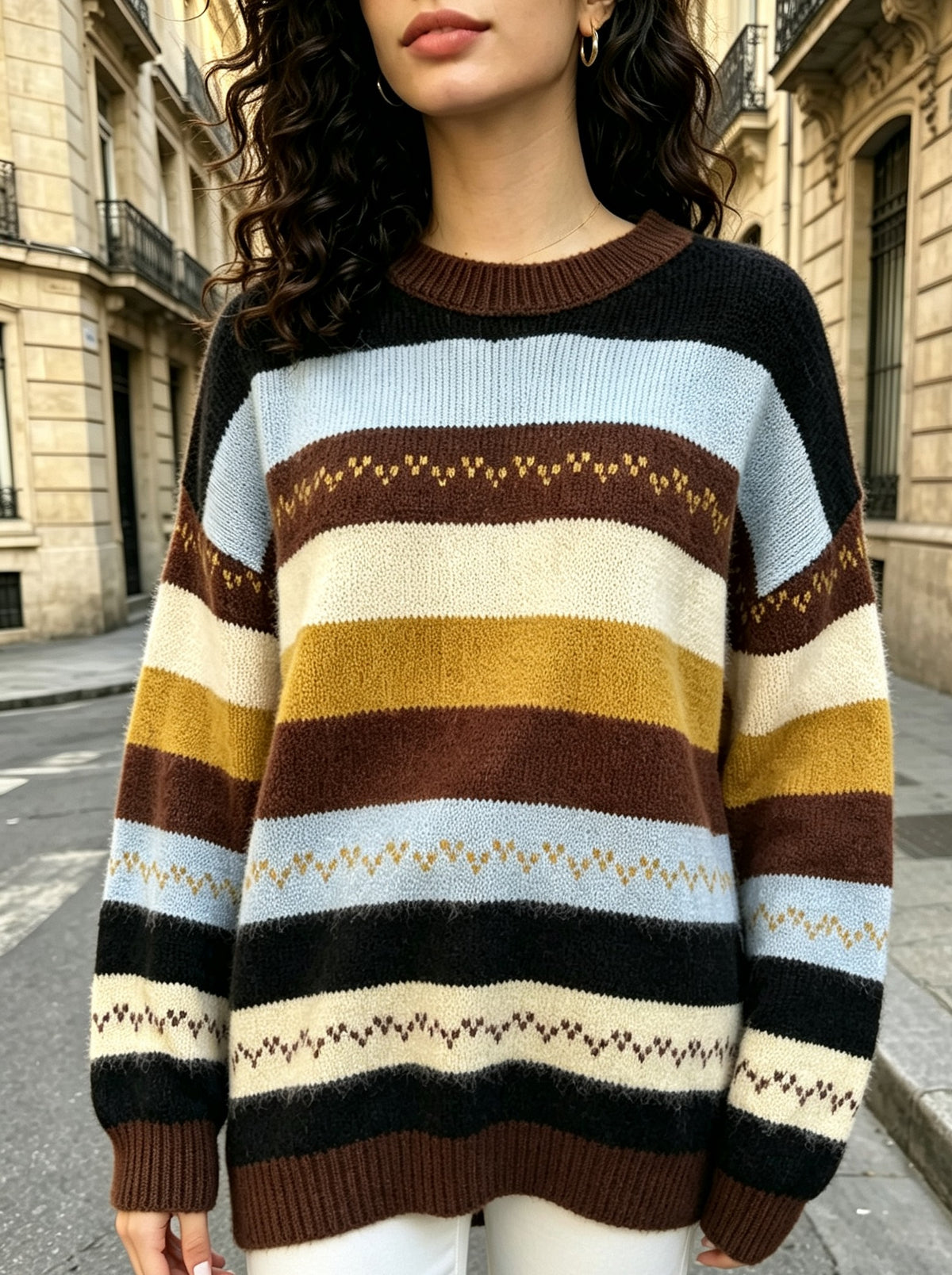 Multi Stripe Oversized Crew Neck Sweater - Brown - 3