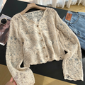 Sheer Crochet Scalloped Button Blouse - Apricot
