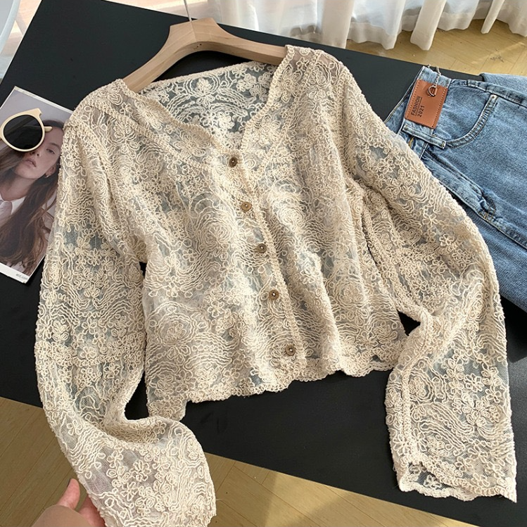Sheer Crochet Scalloped Button Blouse - Apricot
