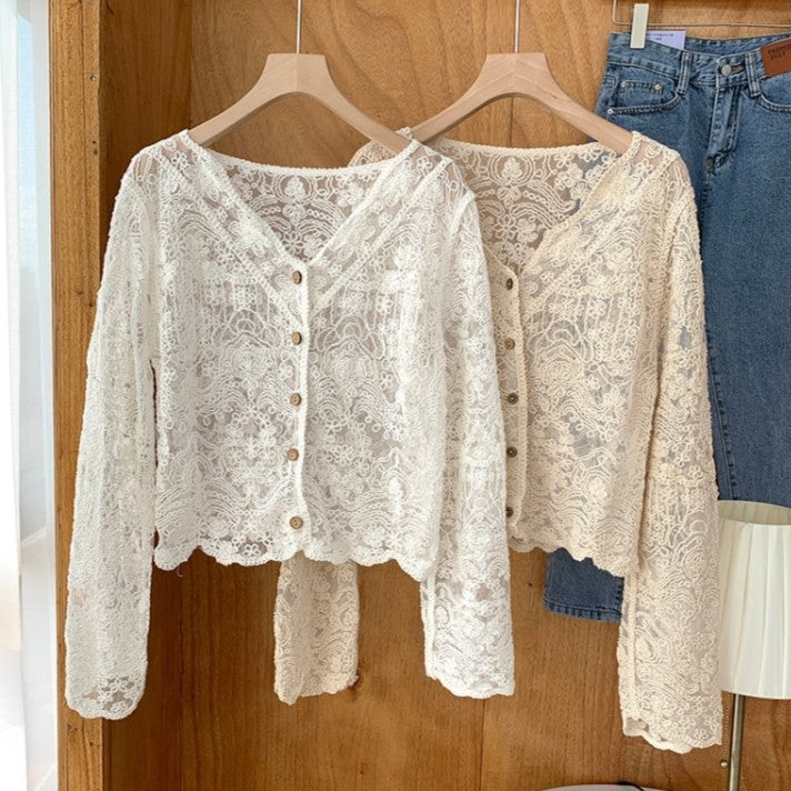 Sheer Crochet Scalloped Button Blouse - White