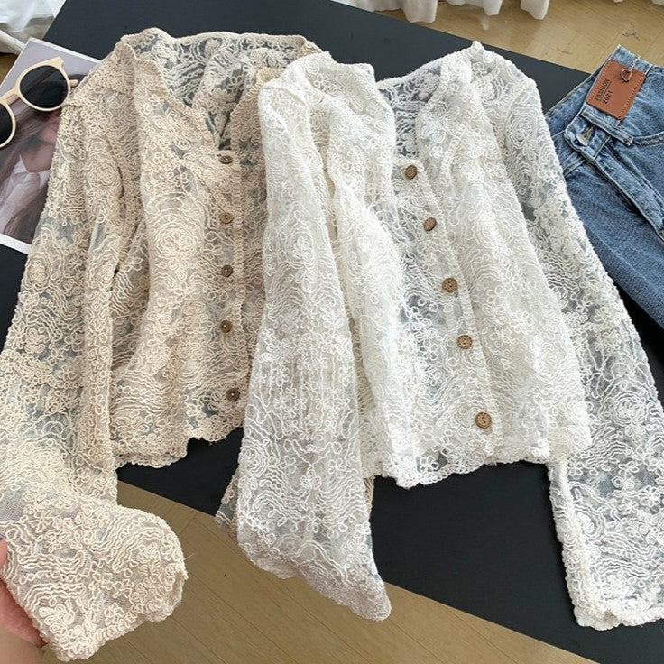 Sheer Crochet Scalloped Button Blouse - White - 1
