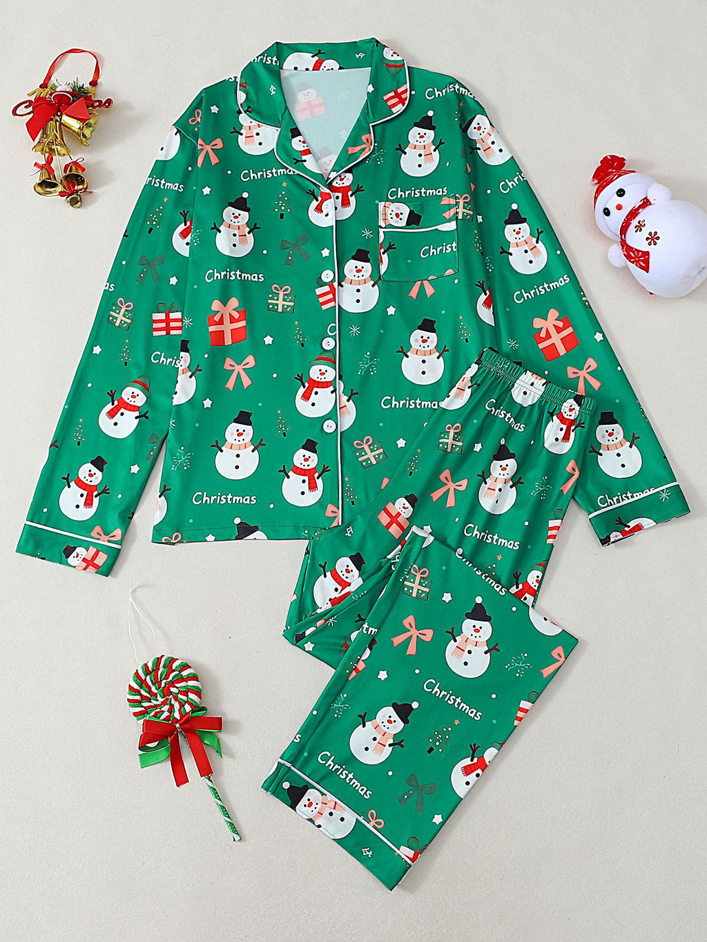 Snowman Print Long Sleeve Pajama Set - Green