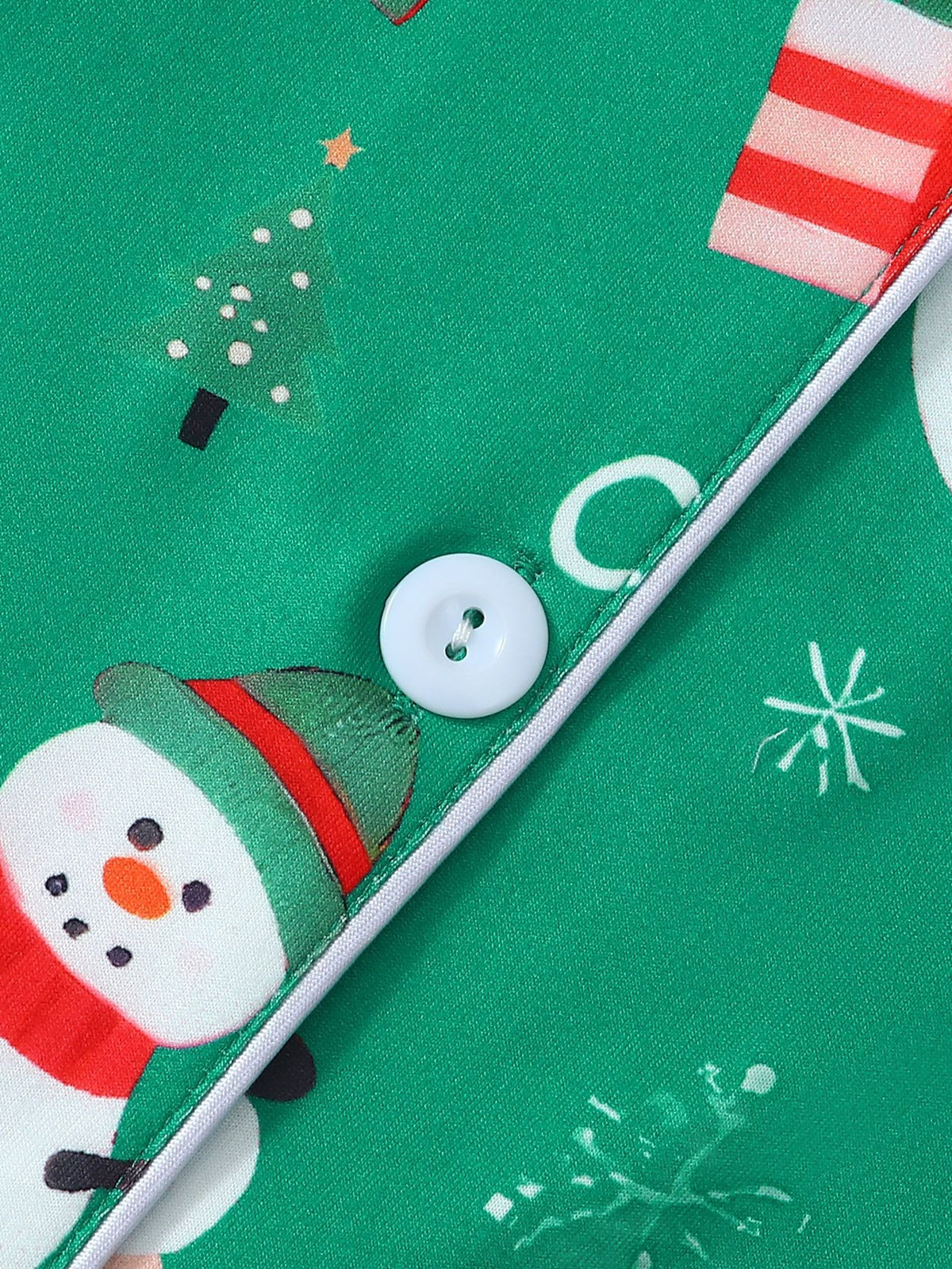 Snowman Print Long Sleeve Pajama Set - Green - 3