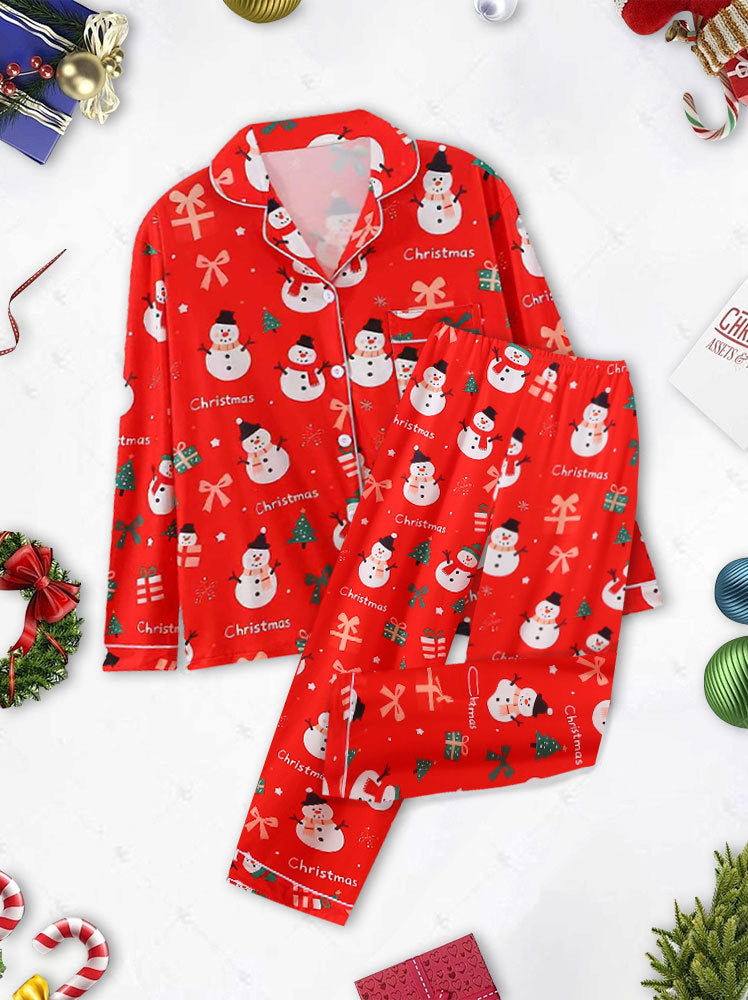 Snowman Print Long Sleeve Pajama Set - Red