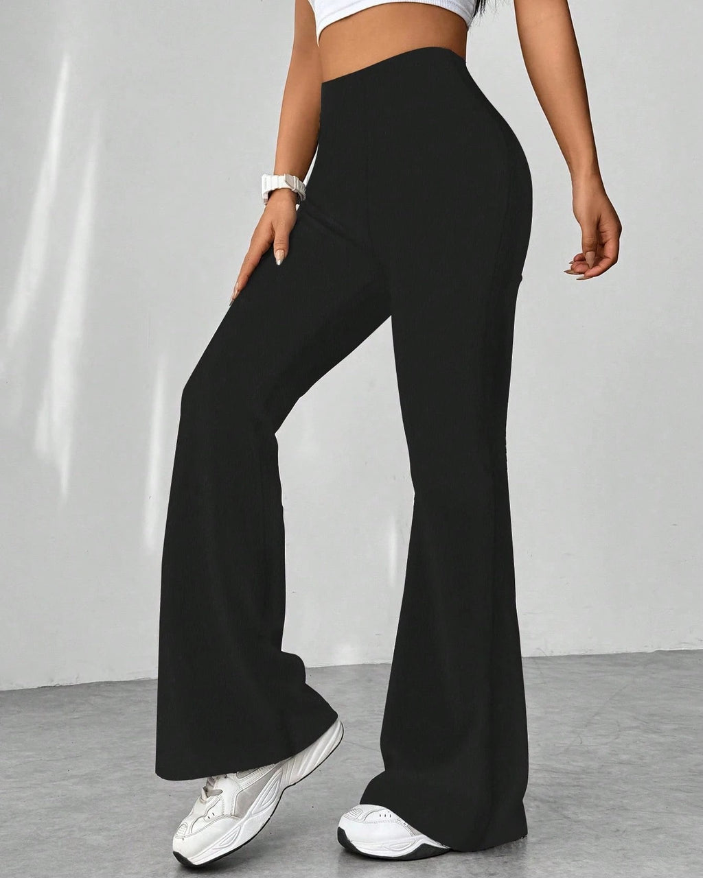 High Waist Flare Leg Stretch Trousers - Black