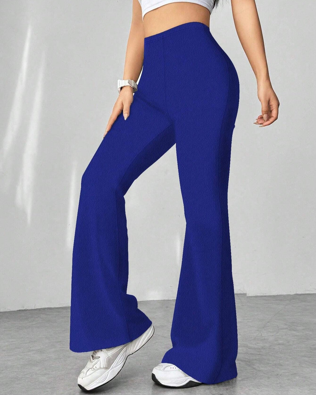 High Waist Flare Leg Stretch Trousers - Blue