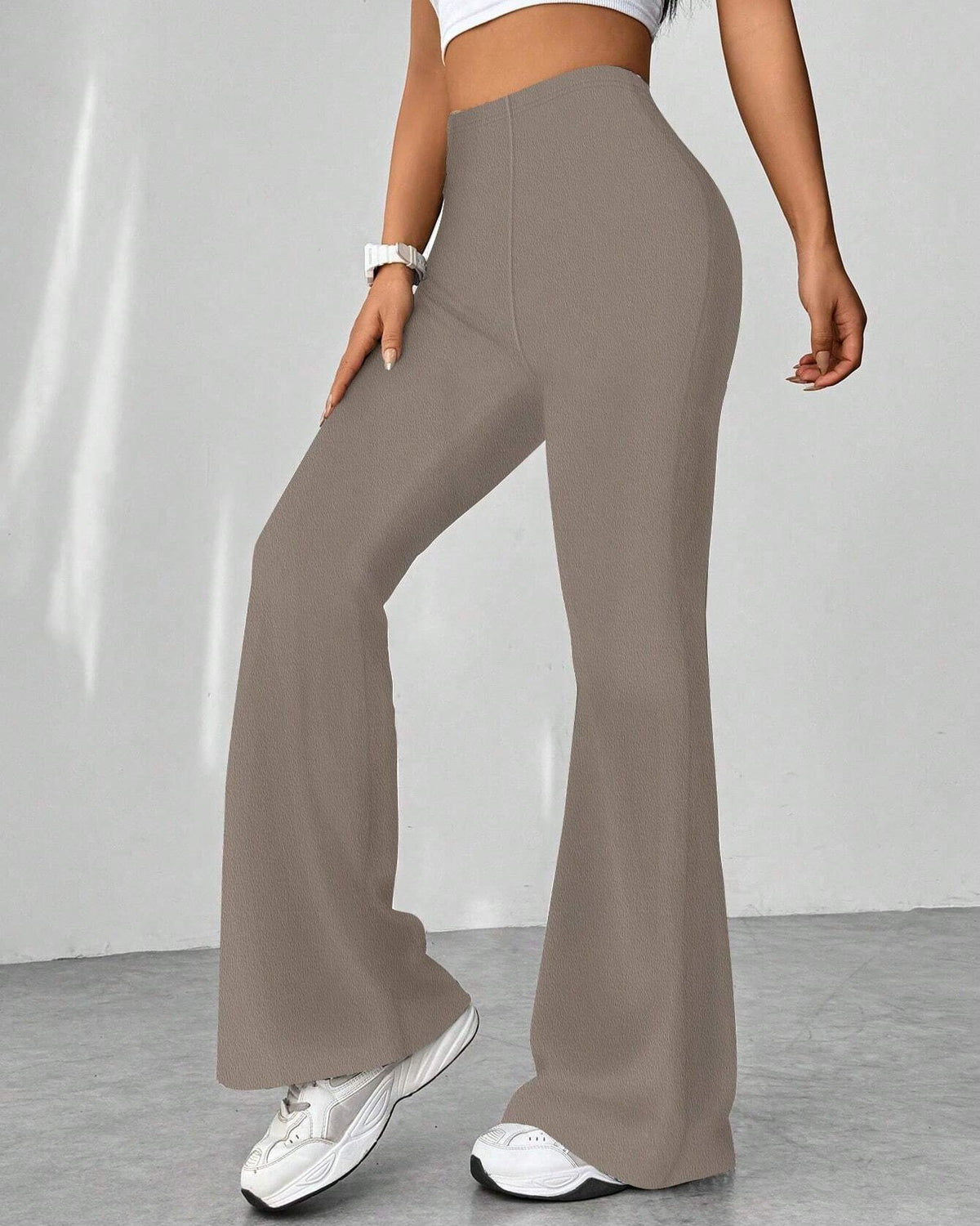 High Waist Flare Leg Stretch Trousers - Khaki