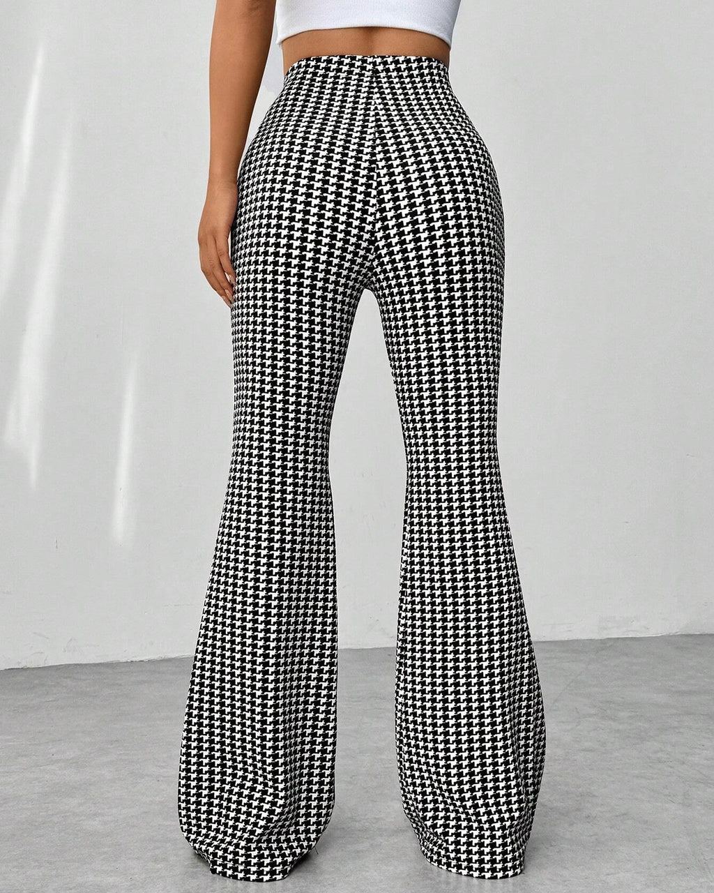 High Waist Flare Leg Stretch Trousers - Plaid