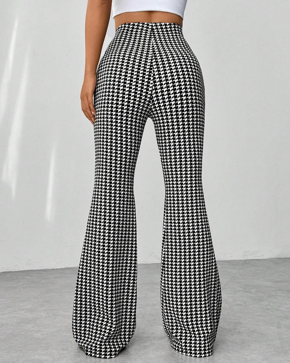 High Waist Flare Leg Stretch Trousers - Plaid