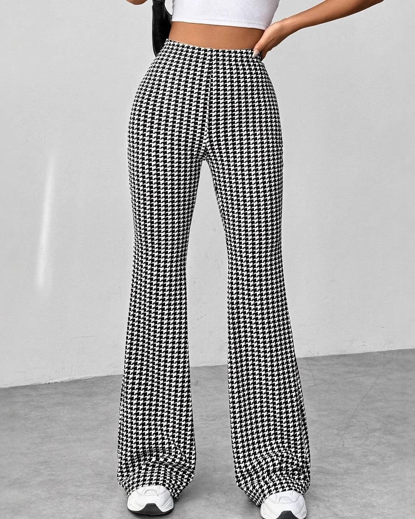 High Waist Flare Leg Stretch Trousers - Plaid - 1