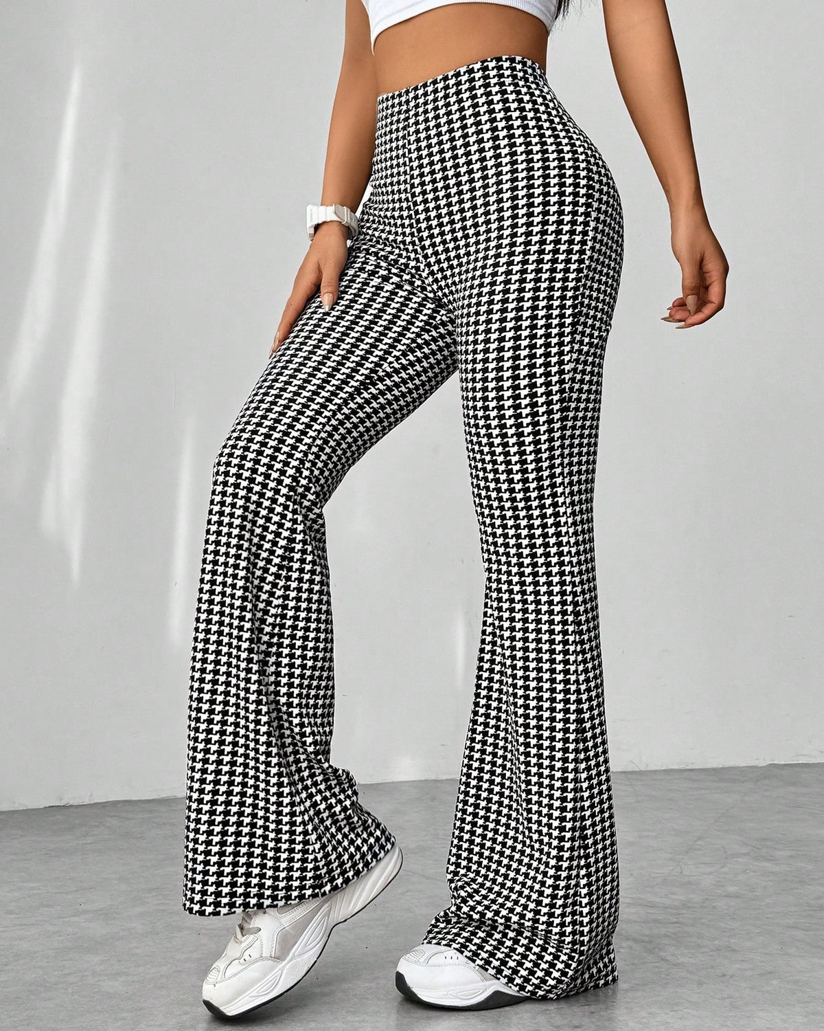 High Waist Flare Leg Stretch Trousers - Plaid - 2