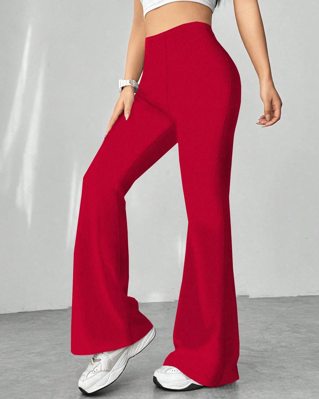 High Waist Flare Leg Stretch Trousers - Red