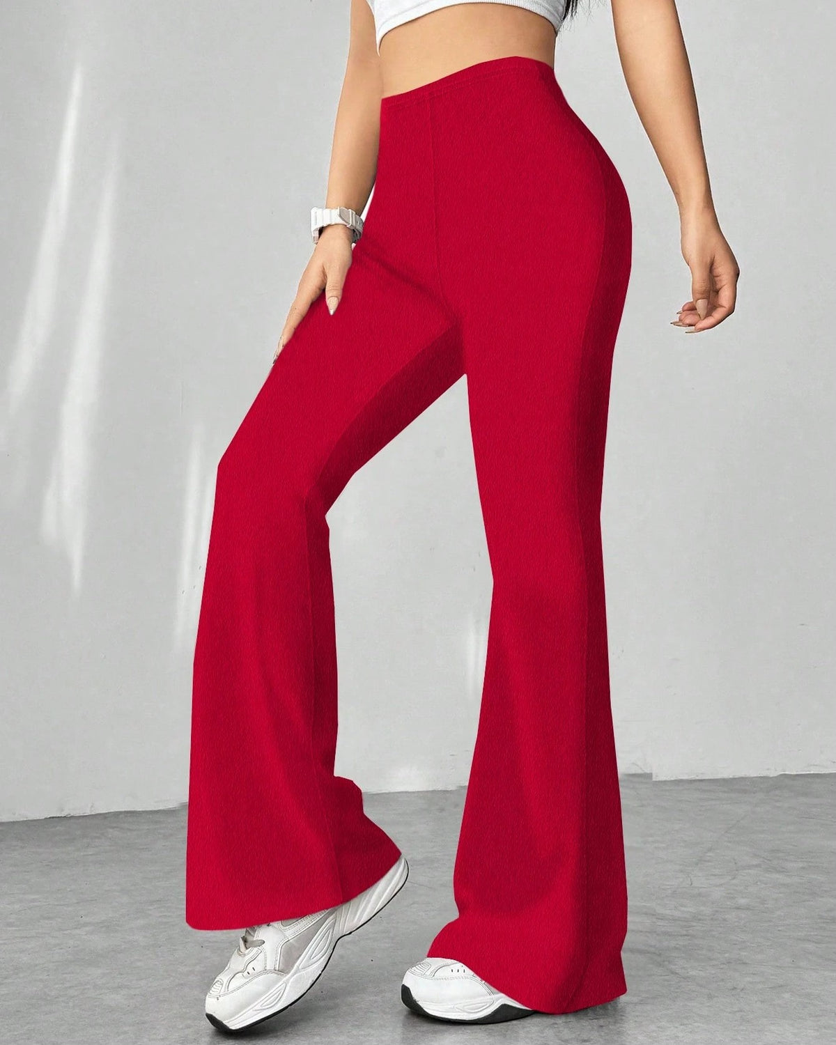 High Waist Flare Leg Stretch Trousers - Red