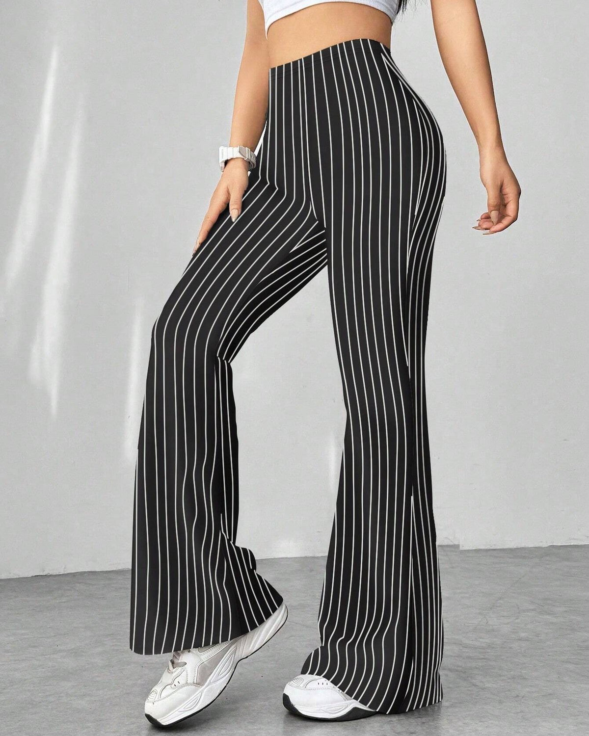 High Waist Flare Leg Stretch Trousers - Stripe
