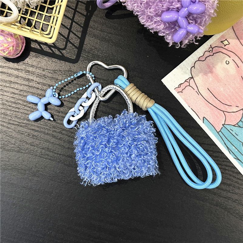 Fluffy Mini Bag Plush Keychain Charm - Blue
