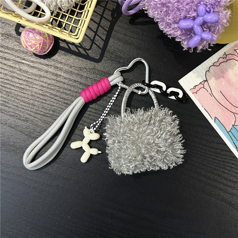 Fluffy Mini Bag Plush Keychain Charm - Grey