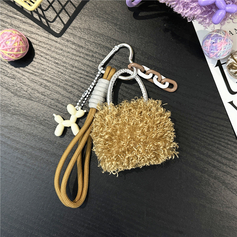 Fluffy Mini Bag Plush Keychain Charm - Khaki