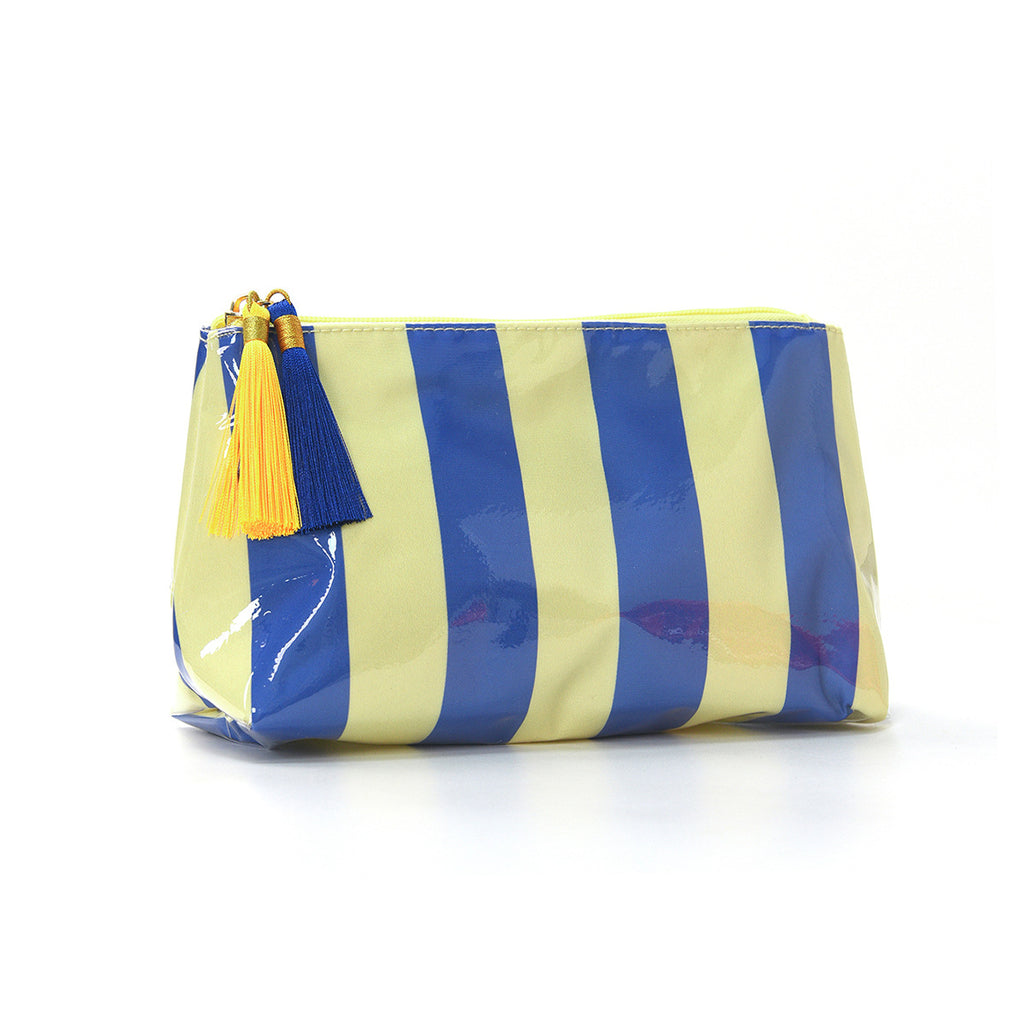 Tassel-Zip Glossy Striped Makeup Pouch - Blue