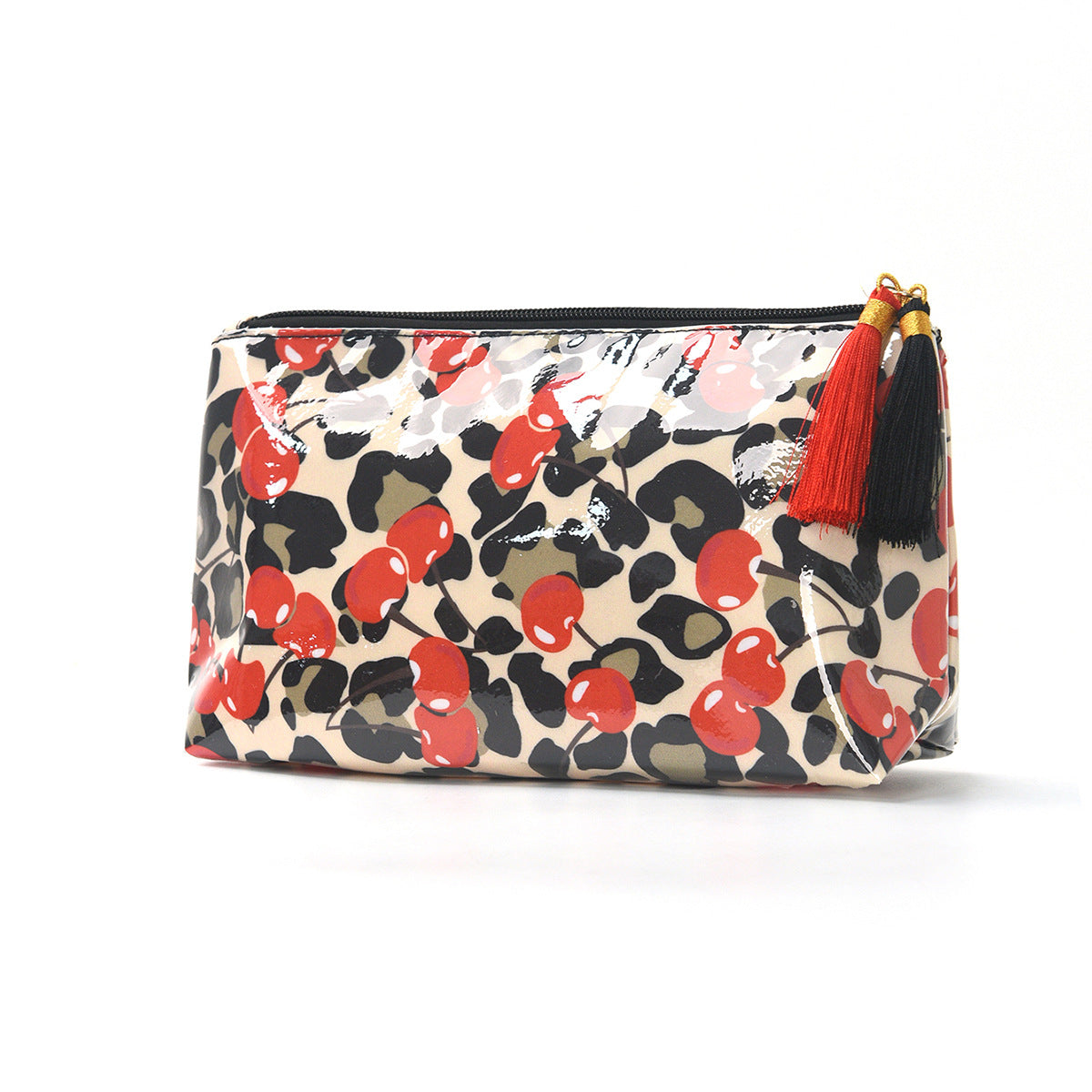 Tassel-Zip Glossy Striped Makeup Pouch - Cherry