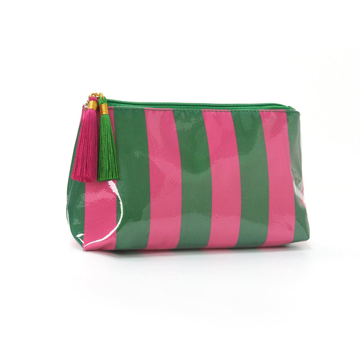 Tassel-Zip Glossy Striped Makeup Pouch - GRose