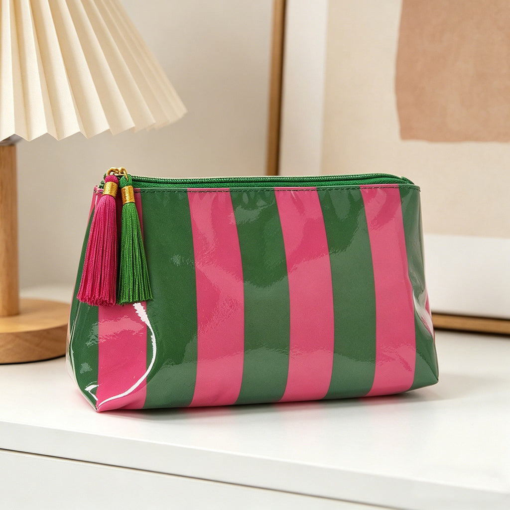 Tassel-Zip Glossy Striped Makeup Pouch - GRose - 2