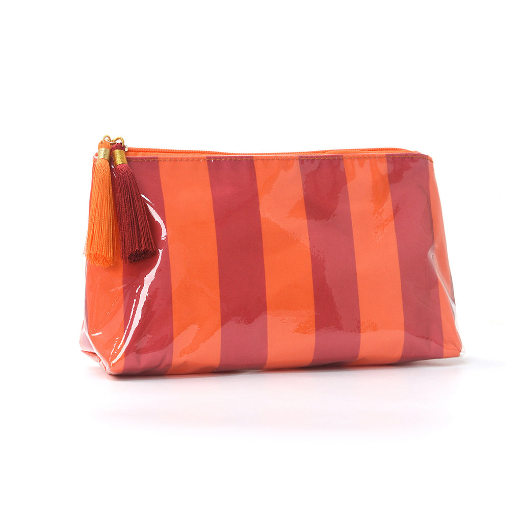 Tassel-Zip Glossy Striped Makeup Pouch - Orange