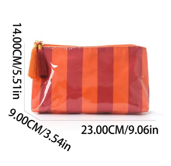 Tassel-Zip Glossy Striped Makeup Pouch - Orange - 2