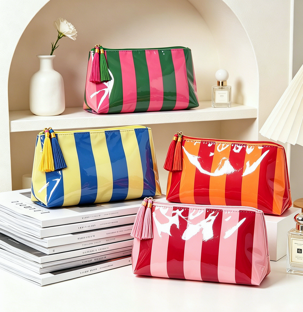 Tassel-Zip Glossy Striped Makeup Pouch - Orange - 3