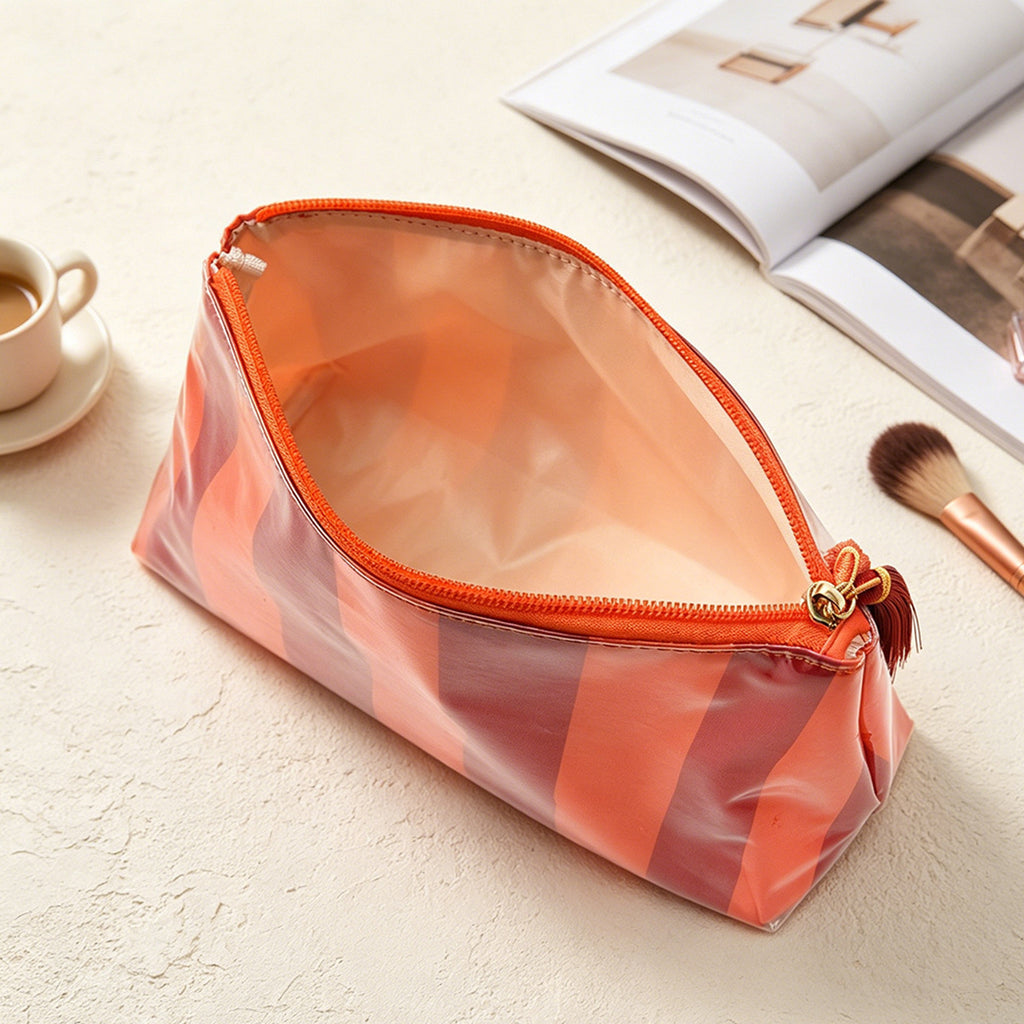 Tassel-Zip Glossy Striped Makeup Pouch - Orange - 4