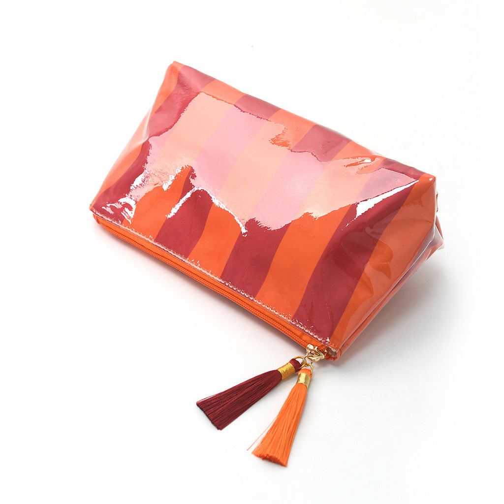 Tassel-Zip Glossy Striped Makeup Pouch - Orange - 6