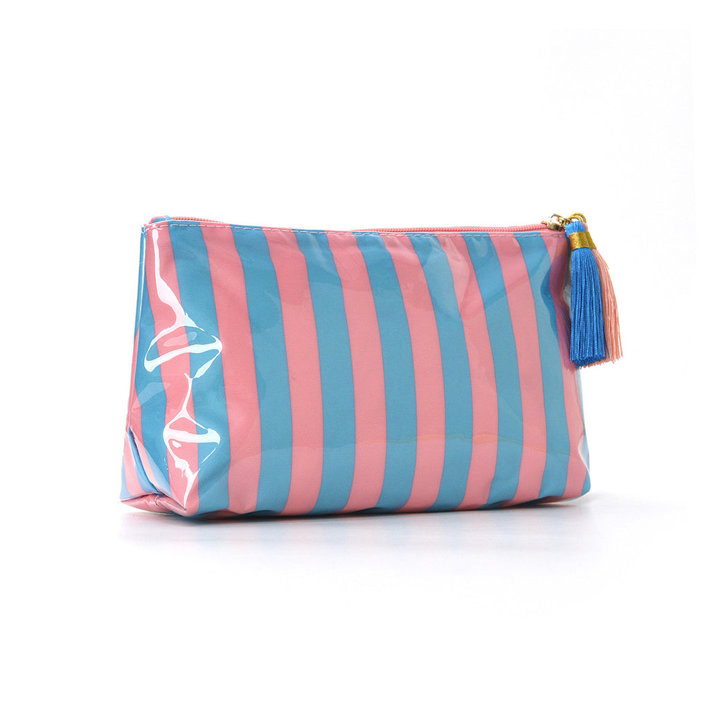 Tassel-Zip Glossy Striped Makeup Pouch - PBlue