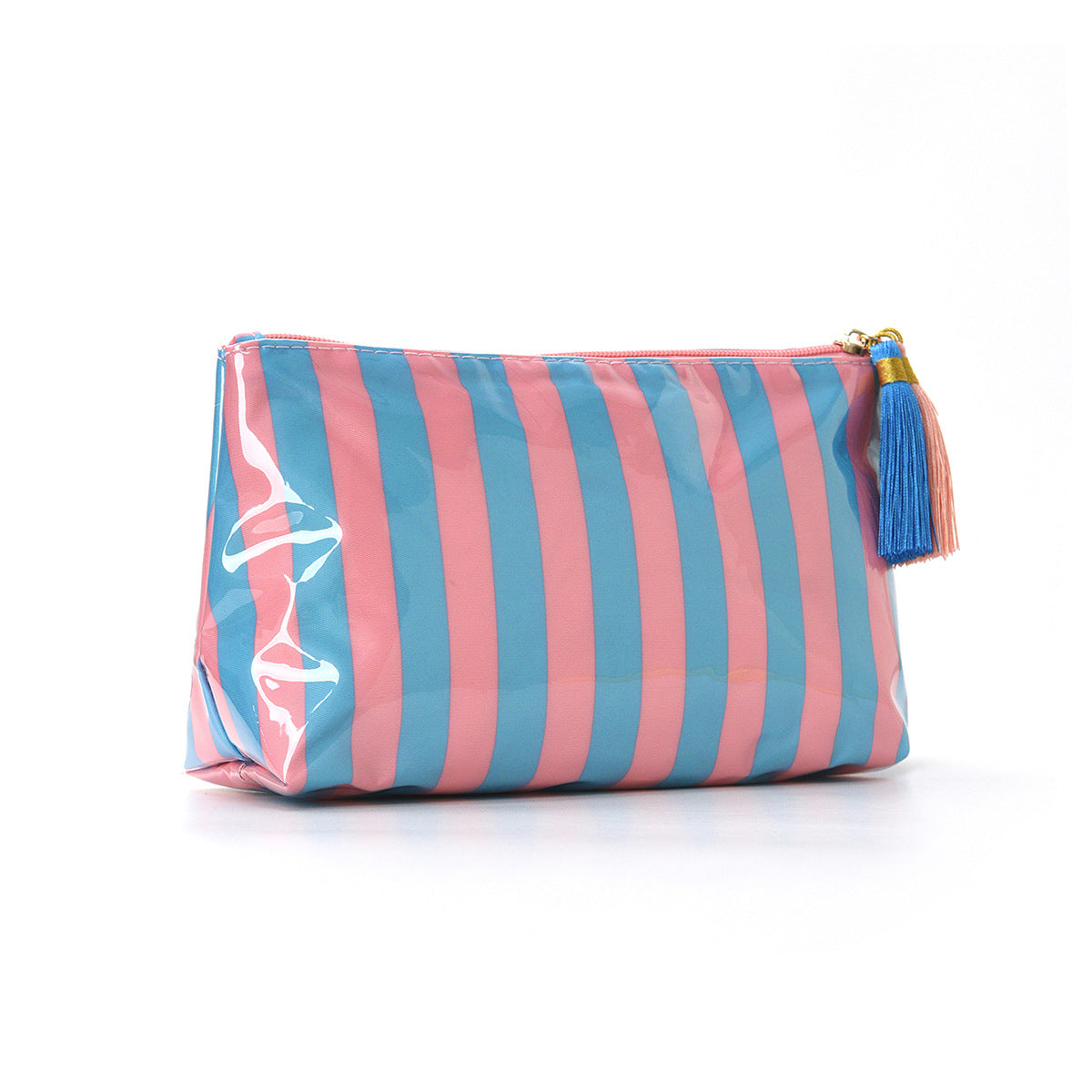 Tassel-Zip Glossy Striped Makeup Pouch - PBlue