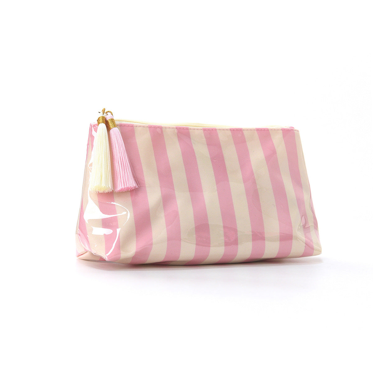 Tassel-Zip Glossy Striped Makeup Pouch - Pink