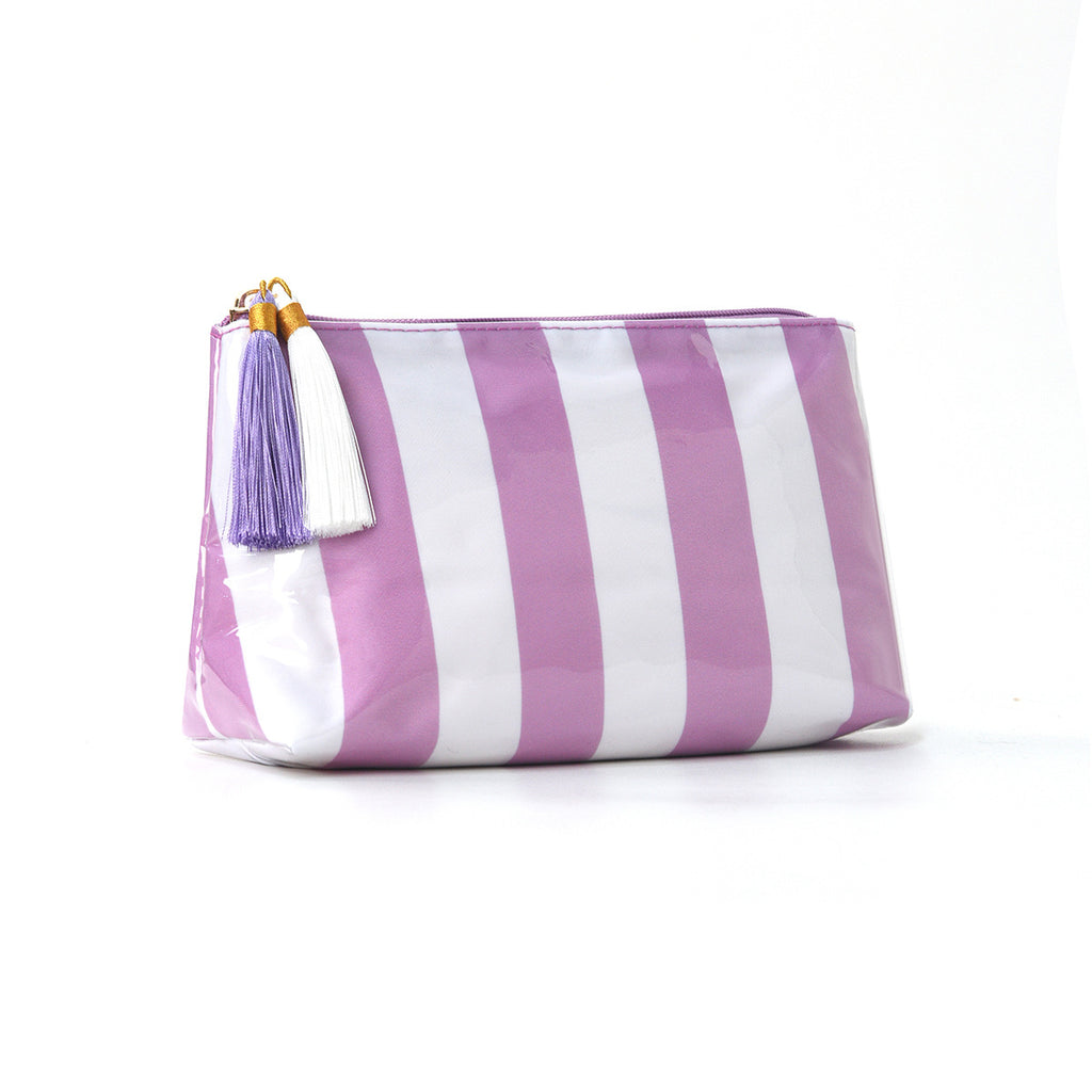 Tassel-Zip Glossy Striped Makeup Pouch - Purple