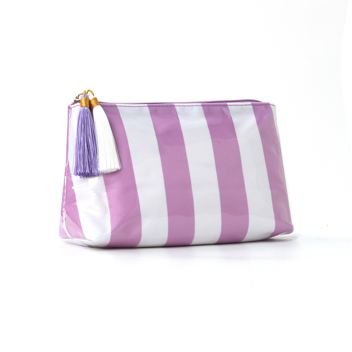 Tassel-Zip Glossy Striped Makeup Pouch - Purple