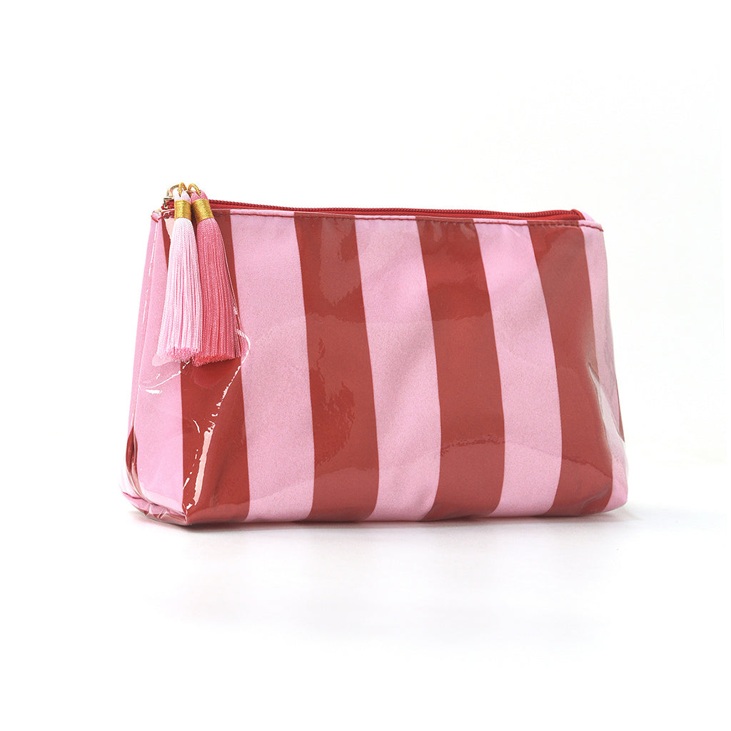 Tassel-Zip Glossy Striped Makeup Pouch - Red