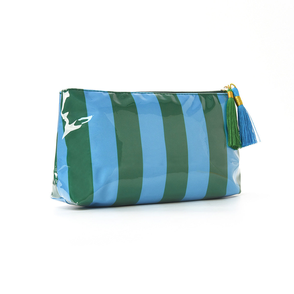 Tassel-Zip Glossy Striped Makeup Pouch - WBGreen