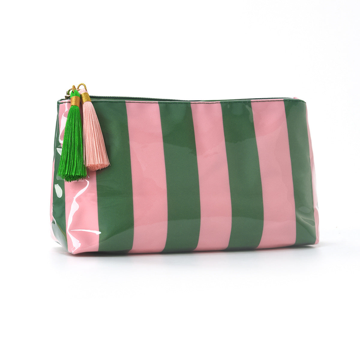 Tassel-Zip Glossy Striped Makeup Pouch - WGPink