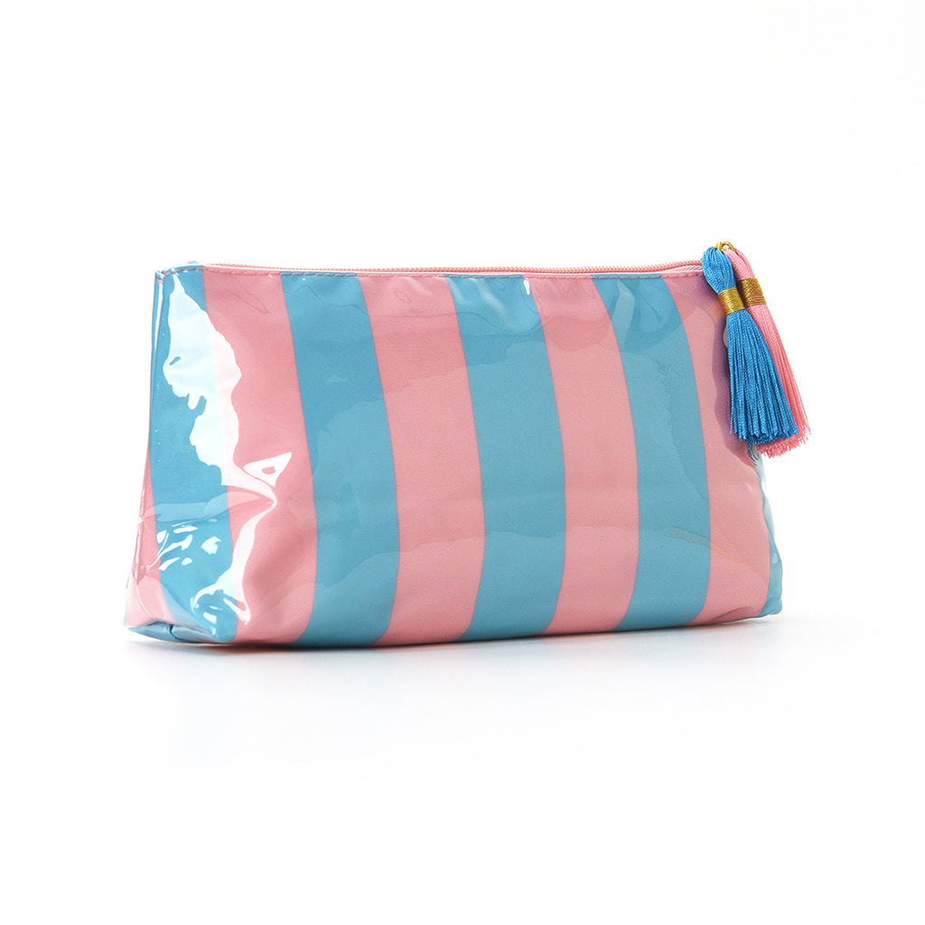 Tassel-Zip Glossy Striped Makeup Pouch - WPBlue