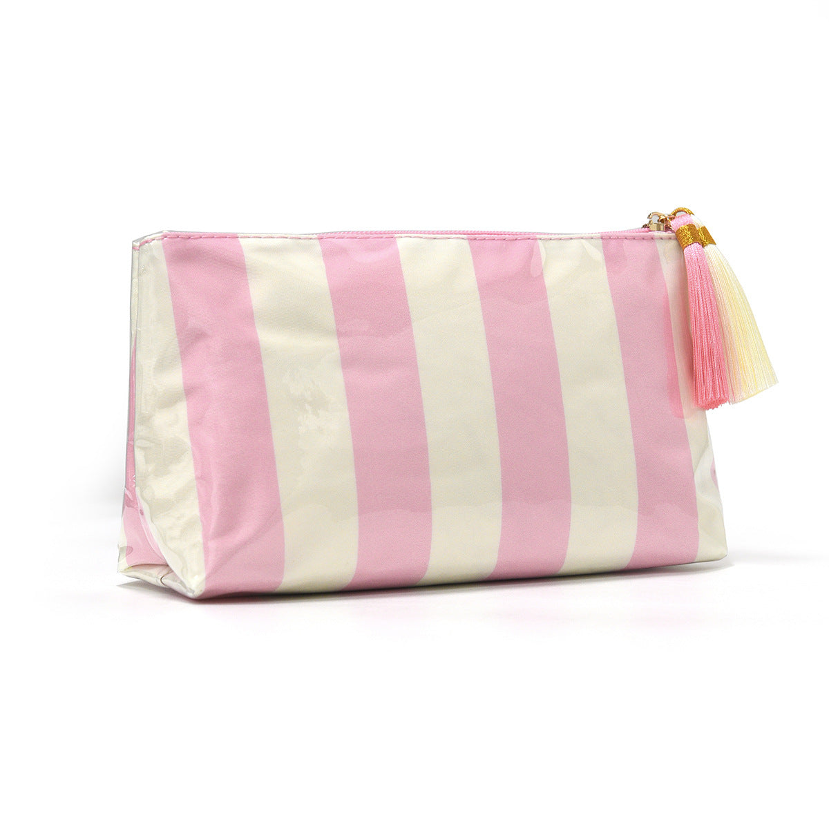Tassel-Zip Glossy Striped Makeup Pouch - WPink