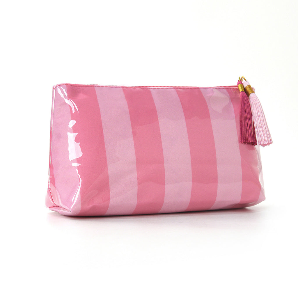 Tassel-Zip Glossy Striped Makeup Pouch - WRose