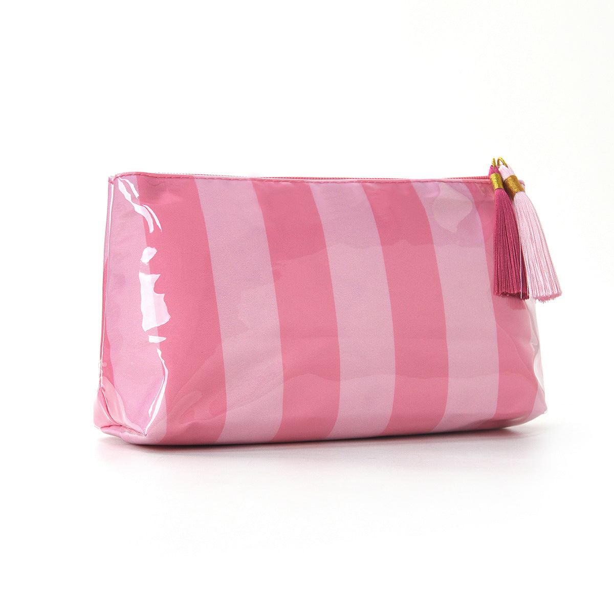Tassel-Zip Glossy Striped Makeup Pouch - WRose